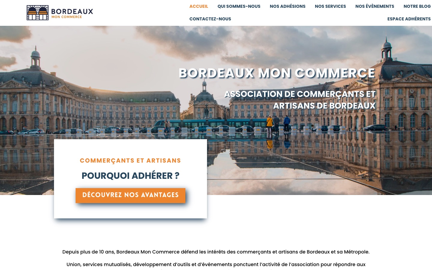 Bordeaux Mon Commerce — Association · Bordeaux, France — site réalisé par Orizon Group Services, vu sur ordinateur