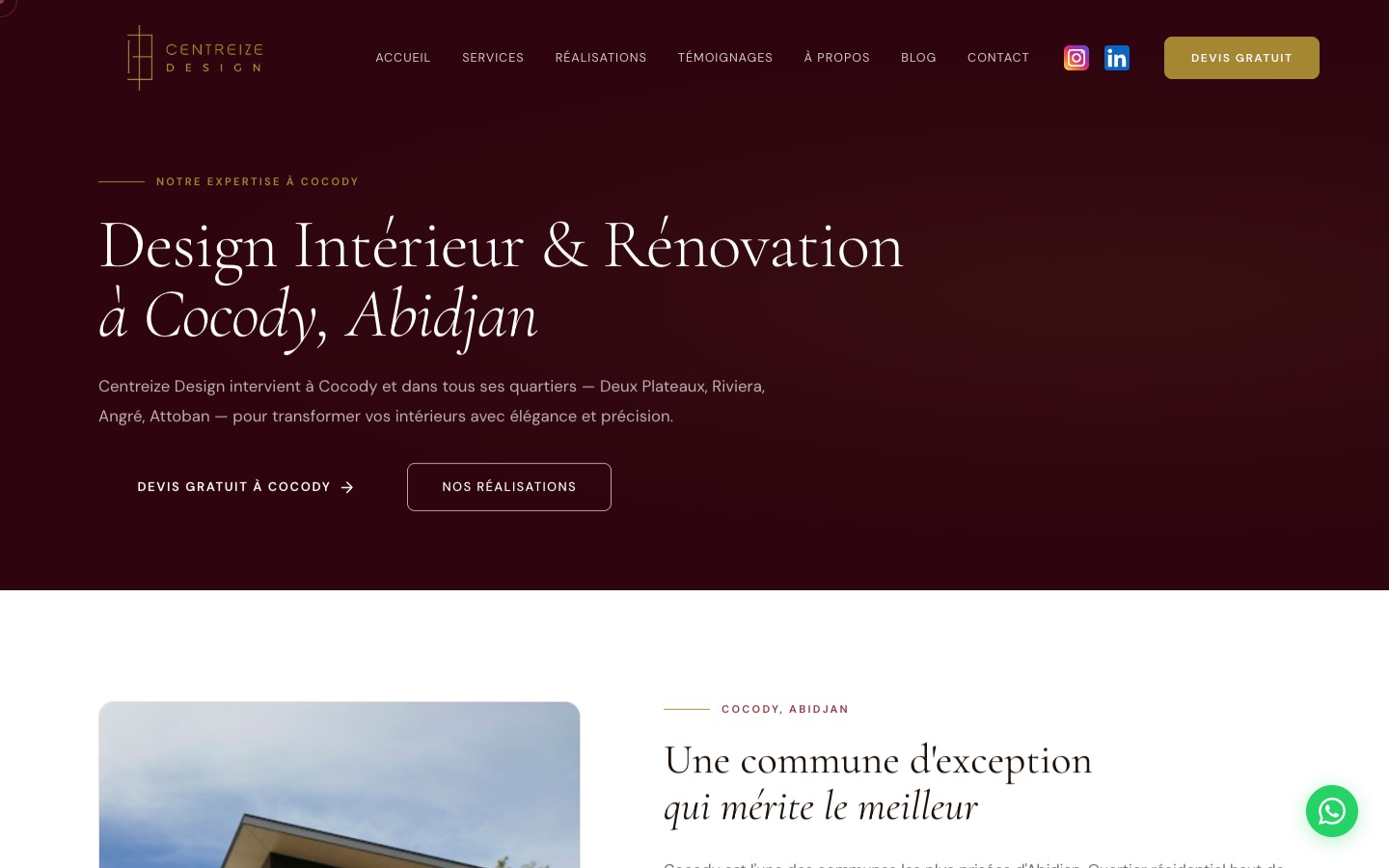 Centreize Design — Design d'intérieur · Abidjan — site réalisé par Orizon Group Services, vu sur ordinateur