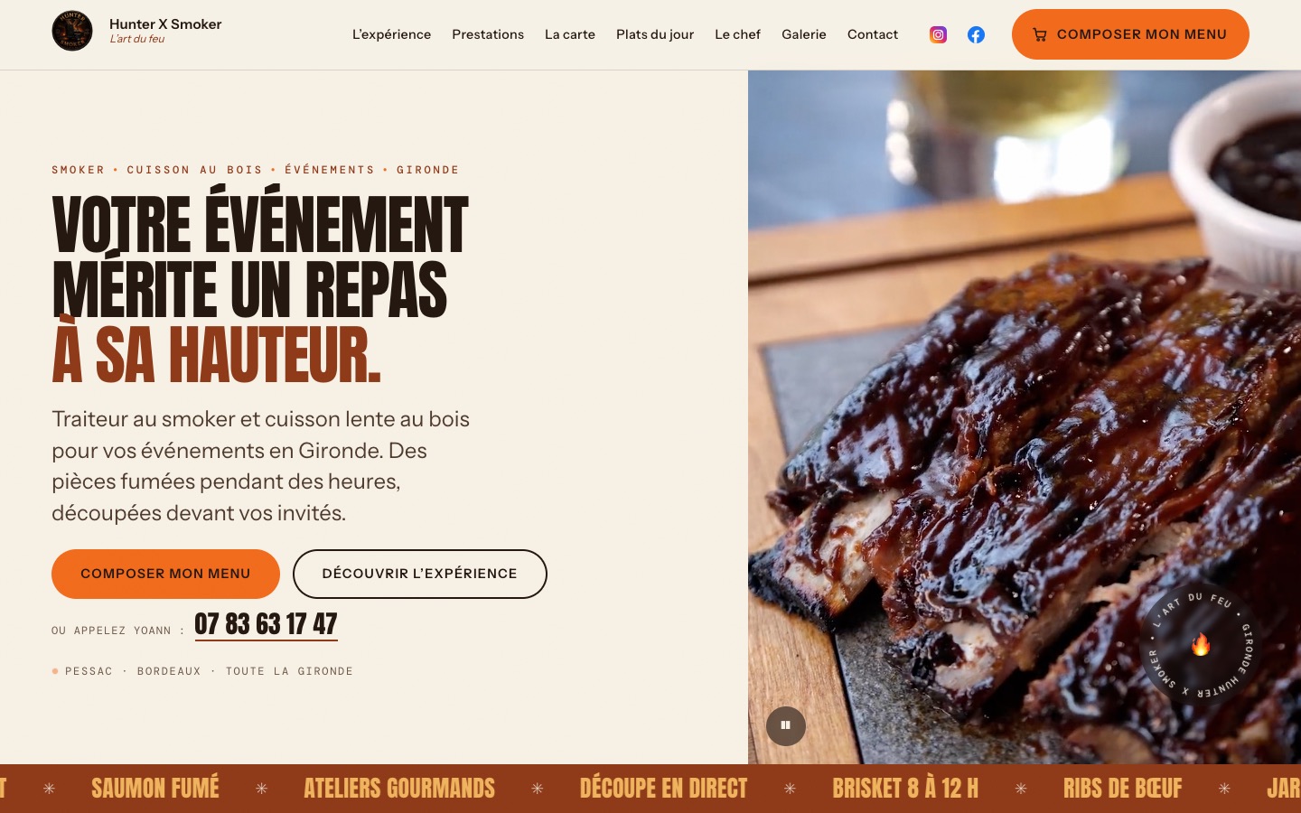Hunter X Smoker — Traiteur événementiel · Gironde, France — site réalisé par Orizon Group Services, vu sur ordinateur